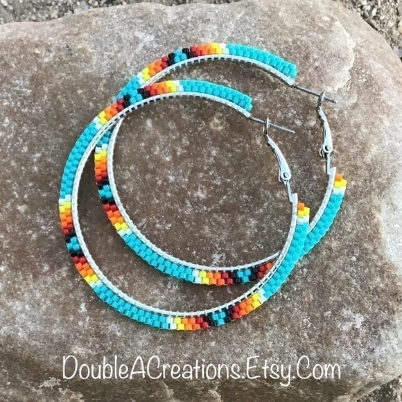 Turquoise 2” Beaded Hoops, New, Handmade by Me - Picture 1 of 7